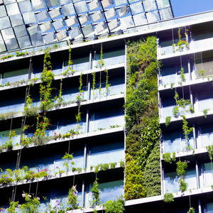 Office building with vertical gardens and heliostats