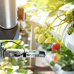 A smart farm automation robot assistant, picking strawberries. 