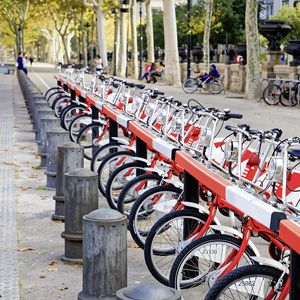 Row of bicycles for rent in Barcelona, Spain.