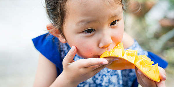 Little oriental girl eating a mango.