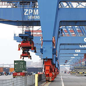 Cranes and automatic container transport system at HHLA Container Terminal Altenwerder in the port of Hamburg, Germany