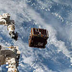 Deployment of the NanoRacks-Remove Debris Satellite from the International Space Station (ISS) using the NanoRacks Kaber MicroSat Deployer.