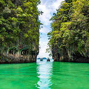 Seas and islands surround the sandy beach of Koh Hong in Krabi, Thailand.